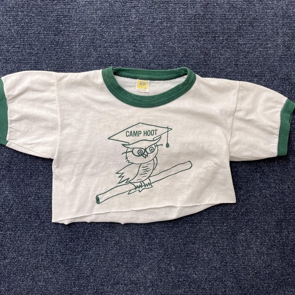 Vintage Velva Sheen Shirt Youth 14-16 White Camp Hoot Owl Ringer Crop Tee